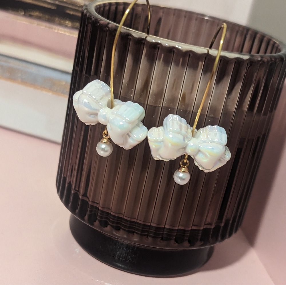 White Iridescent Bow & Faux Pearl Dangle Earrings New!